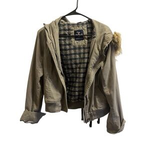 Large Papaya Olive Green Long Sleeve Jacket Faux Fur Collar